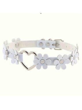 Necklace Leather Choker Collar White Flowers Goth Rave Role Play Fetish Cosplay